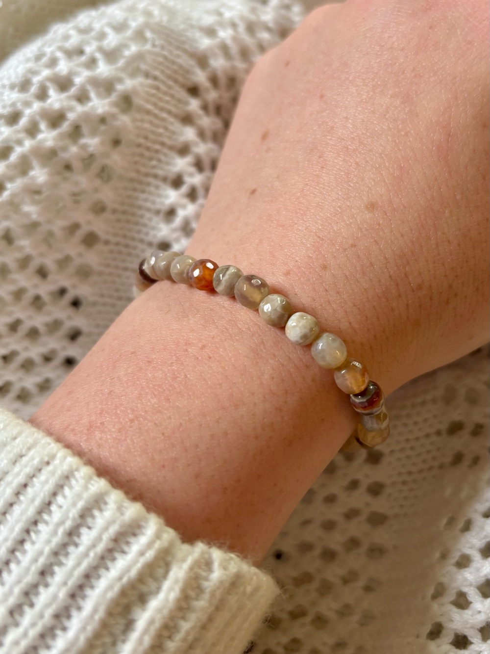 Natural Agate Stretch Bracelet Orange Brown Cream Gemstone Boho Beaded Jewelry